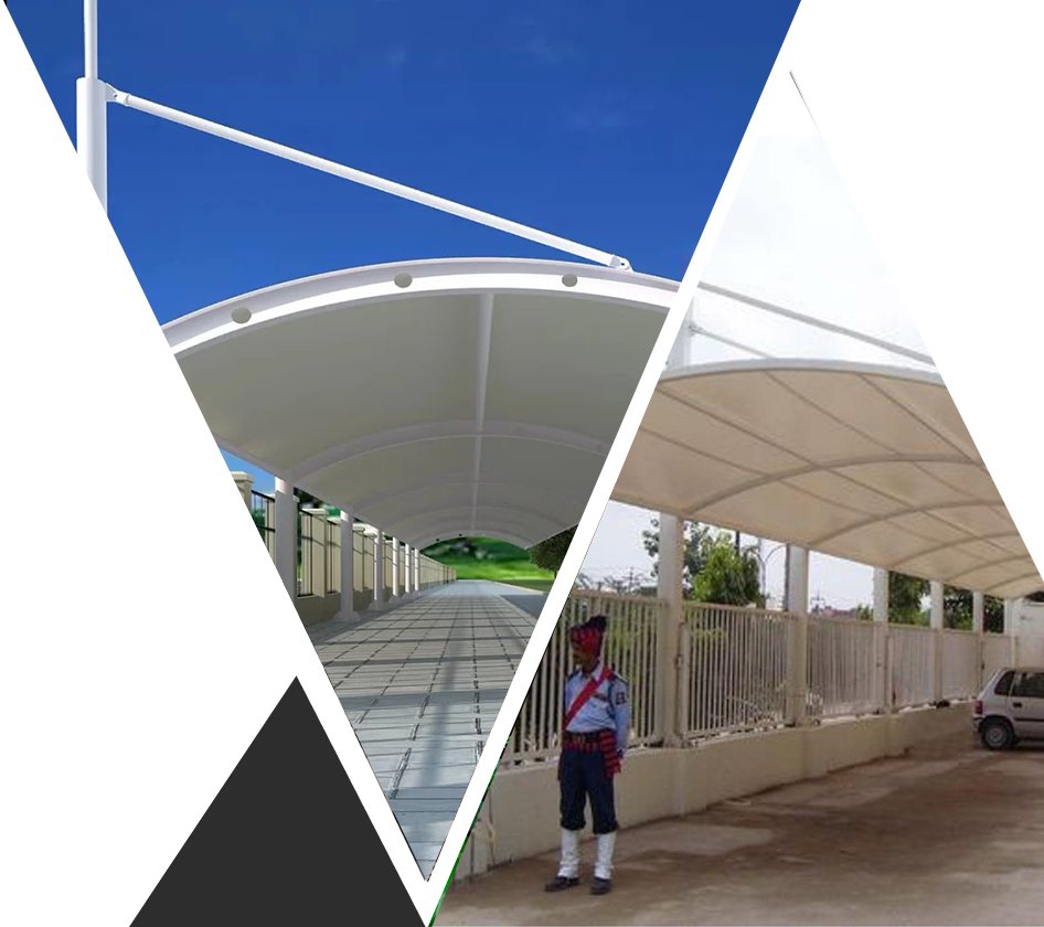 Covered walkway canopy at a housing society entrance